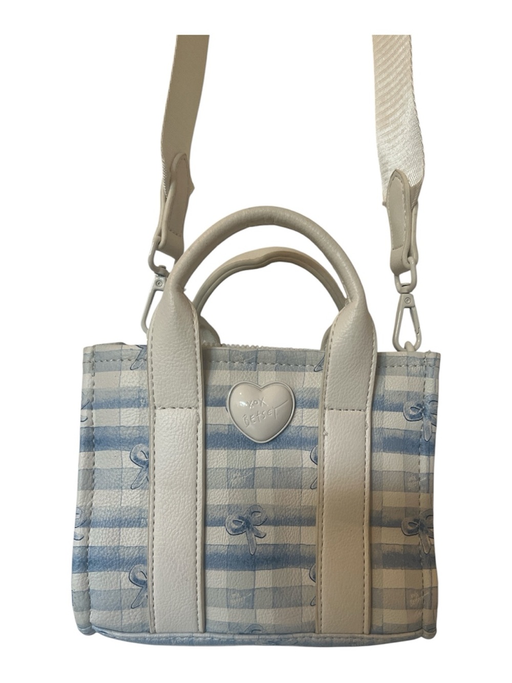 Betsey Johnson Cream & Light Blue Striped Heart Accent Mini Tote